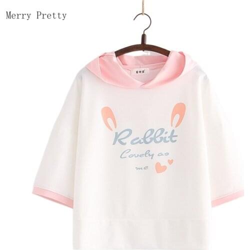 Harakuju Print Kawaii Hoodies With Ears On Hood Women 2021 Summer Half Sleeve Kawaii Sweatshirts Sweet Style Korean Fashion Tops