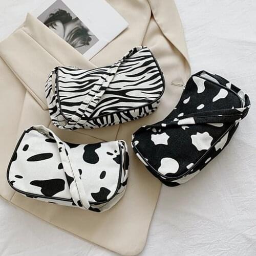 Cute Small Canvas Bags For Women Cow Spot And Zebra-stripe Printed Shoulder Bags Lady Kawaii Flap Handbags Zipper Closure 2021