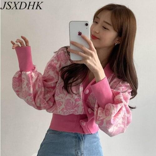 JSXDHK Chic Flower Print Pink Women Cardigans Autumn Lantern Sleeve Knitted Single Breasted Slim Waist Short Sweaters Cardigan