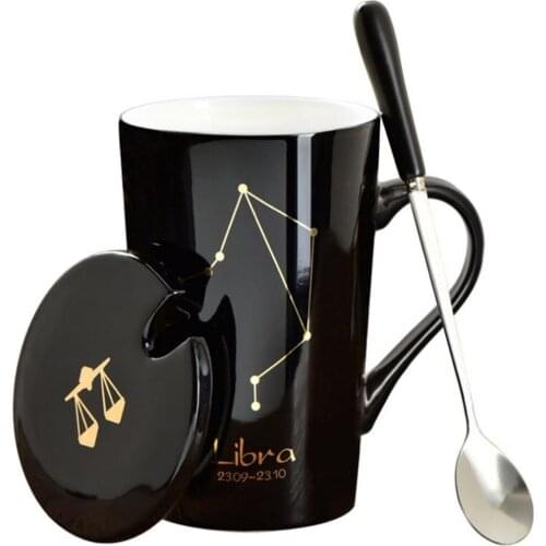 Ceramic Mugs 12 Constellations Creative Mugs with Spoon Lid Black and Gold Porcelain Zodiac Milk Coffee Cup Drinkware