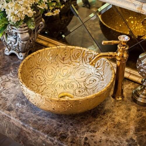 China Artistic Europe Style Counter Top porcelain wash basin bathroom sinks ceramic art basin gold rose