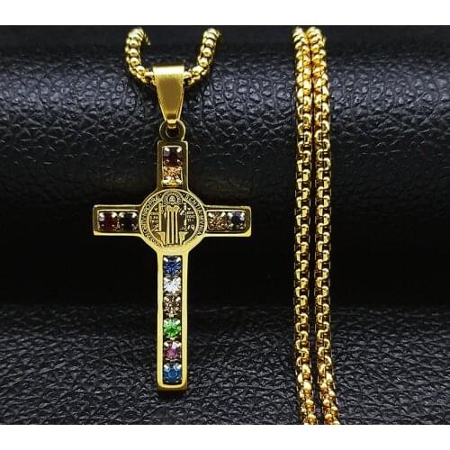 2021 Catholic Jesus Cross Stainless Steel Mix Crystal Chain Necklaces Women/Men Gold Color Necklaces Jewelry pendentifs N4907S05