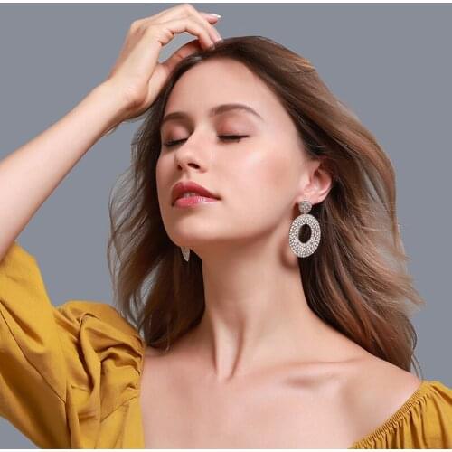 Exaggerated Full Rhinestone Round Drop Earrings for Women Female Delicate Hollow Geometric Large Dangle Earring Jewelry Gifts