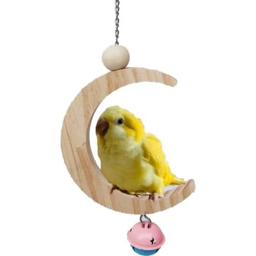 Legendog Natural Wood Bird Swing Moon Shaped Funny Beaded Bird Swing Parrot Swing Perch with Bell Pet Hanging Toy Supplies
