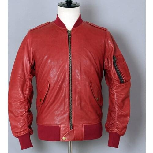 AVIREX FLY Air Force Flight Jacket Sheepskin Genuine Leather Jacket Men Motorcycle Biker Coat Red Bomber Jacket Baseball uniform