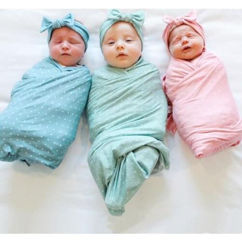 Kawaii Wave Point Pattern Infant Sleeping Wrap Texture Baby Swaddling Blanket with Headband Infant Accessories for Photography