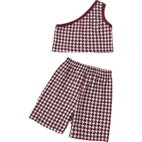 New 2021 Kids Girls 2pcs Clothes Set Bontique Short Houndstooth Single - sided shoulder Tops Shorts Pants Children Clothing