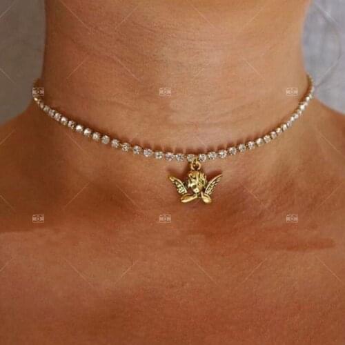 Gold Color Angel Pendant Necklace Women Rhinestone Necklace 2021 Fashion Jewelry Collarbone Chain Womens Party Jewelry