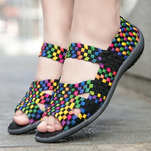 Woman Elastic Band Sandals Ladies Weave Flats Women Mixed Color Female Peep Toe Fashion Shoes Comfortable Footwear Plus Size