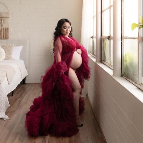 Dark Red Fluffy Skirts Maternity Gowns for Photo Shoot Custom Made Women Long Dresses Beach Birthday Party Bathrobe Sleepwear