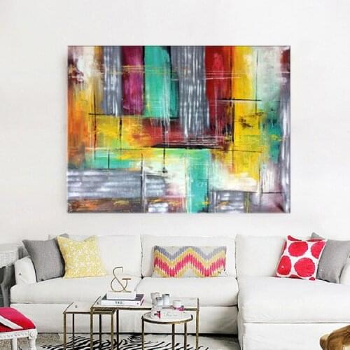 Handmade thick knife high quality Modern Abstract Colorful Color blocks Fine Artwork Canvas Decor Oil Painting for Living Room