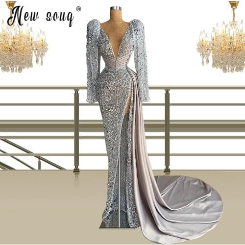 Dubai Design Sequined Mermaid Evening Dress with Detachable Train Long Sleeve V Neck Split Side Prom Gowns 2021 Custom Made Plus