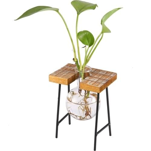 Vintage Style Clear Glass Flower Plant Pot Tabletop Hydroponic Flower Vase with Wood Tray for Home Office Shop Cafe Display