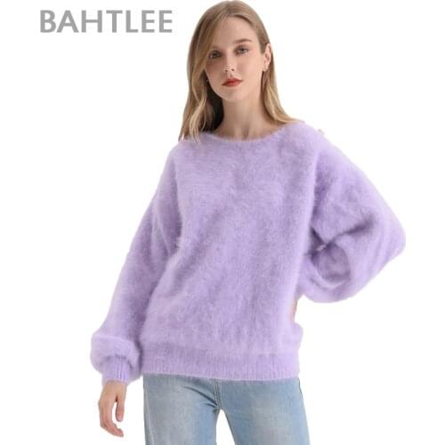 BAHTLEE Autumn Winter Womens Angora Rabbit Knitted Pullovers Sweater O-NECK Lantern Sleeve Wool Thick Keep Warm