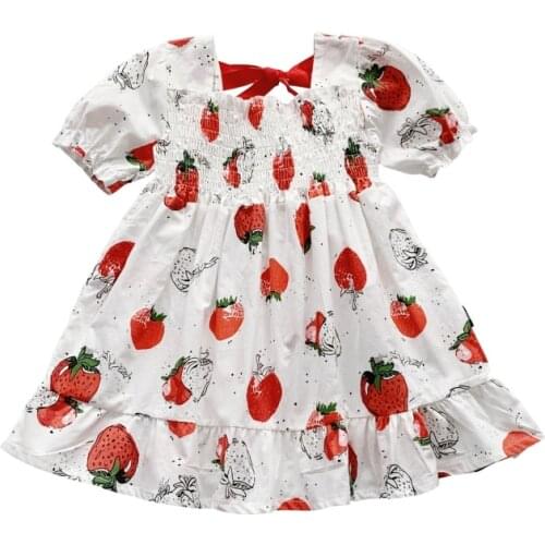 3-8Y Summer Dress For Girls 2021 New Kids Strawberry Sweet Puff Sleeve Back Bow Dress Cute Children Baby Girl Princess Dress