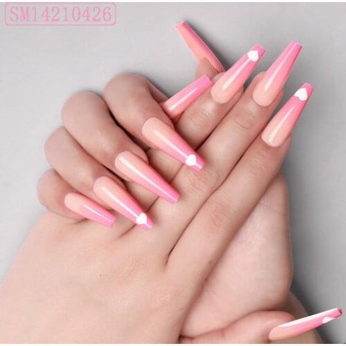 24Pcs/Set Love Heart Printed Fake Nails Long Paragraph Fashion Gradient Pink Manicure DIY Nail Art Decoration For Manicures
