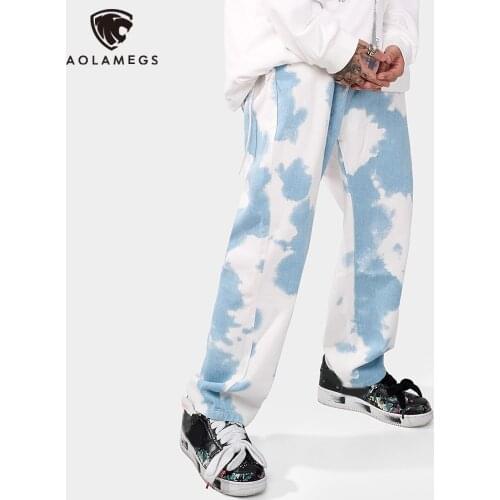 Aolamegs Jeans Men Fashion Tie Dye Denim Pants College Style High Street Hipster Oversized Jeans Autumn Casual Streetwear Couple
