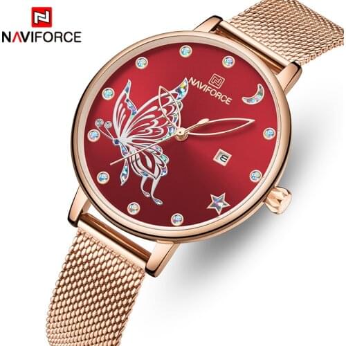 2019 new ladies watch top luxury brand NAVIFORCE fashion quartz ladies watch gold red color steel net watch female dress girl cl