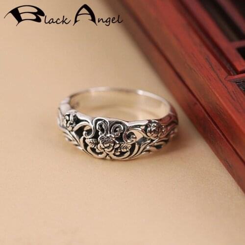 BLACK ANGEL 2021 New Ladies Vintage Thai Silver Rings Heart Shape Black Rose Flower Ring For Women Wedding Jewelry Party Gift