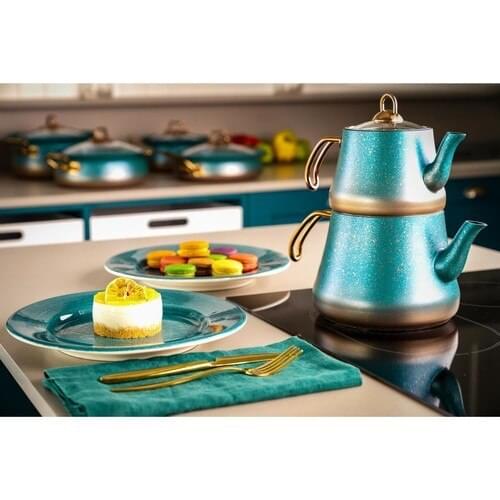 4 Piece Granite Teapot Set - Ocean Blue & Copper Turkish Teapot Turkish Tea Set Teapot