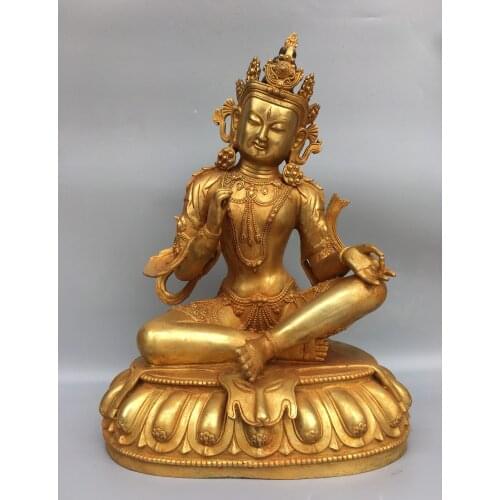 18"Chinese temple collection Old Bronze Gilt Seven Eyes Free Green Tara Guanyin Bodhisattva Sitting Buddha Ornaments