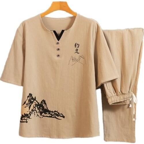 Men Chinese Style Summer Cotton Linen Shirts +pants Set Clothes Tracksuits Male Sweatshirts Tshirt Track Suits Trousers Plus Siz