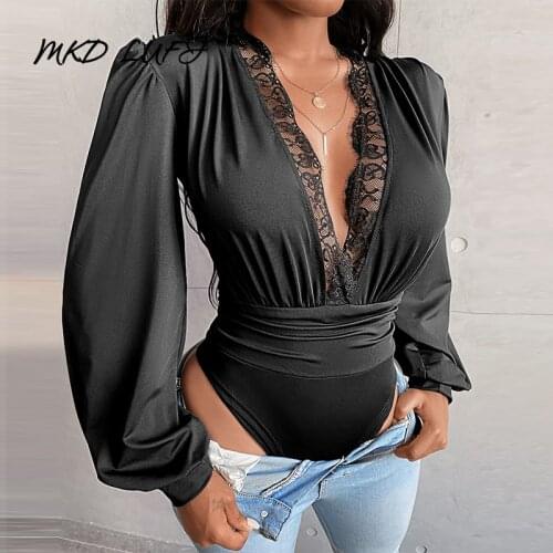 Lace Trim Puff Sleeve Ruched Bodysuit