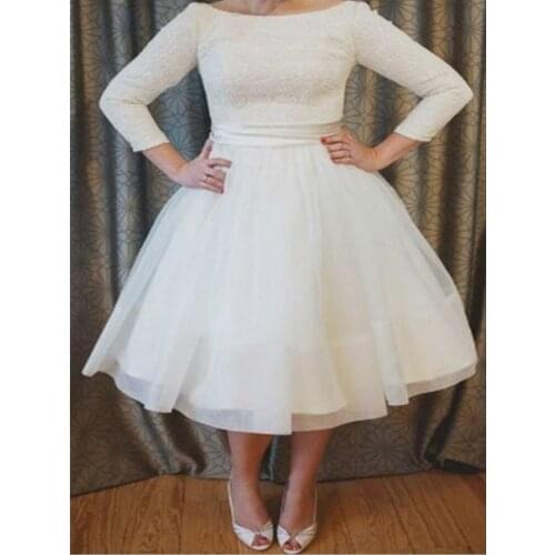 2020 plus size short wedding dress tea long ivory lace retro simple bridal dress Vestidos De Noiva