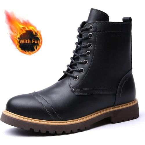 Mens casual Leather Motorcycle boot fashion Punk shoes outdoor Hard-Wearing non-slip winter Warm with fur work tooling footwear