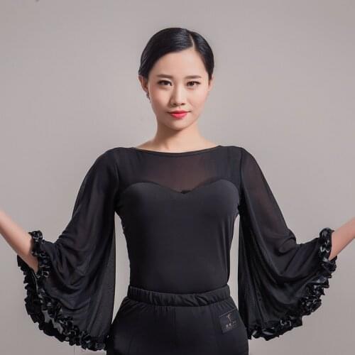 New Ballroom Dance Costumes For Ladies Dance Tops Black Lotus Leaf Sleeve Adult Tango/Standard Ballroom Black Dancewear BL1737