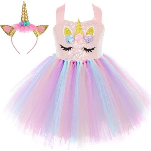 Girls Unicorn Costume Dress Fancy Up Kids Sequin Pastel Rainbow Tutu Birthday Party Dresses Princess Cosplay Dressing Up