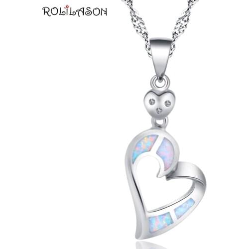 ROLILASON simple design heart-shaped silver color stamped white opal necklace pendant wedding gift preferred OP864