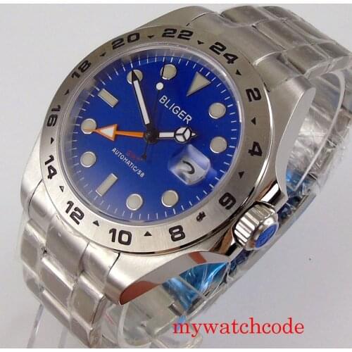 Luxury 43mm Automatic Mens Wristwatch Calendar Sapphire Crystal GMT Hand Oyater Strap Blue Dial Silver Color Bezel Insert