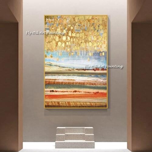 100% Handmade Abstract Colorful Landscape Gold Foil Oil Painting On Canvas Hand-painted Wall Art Living Room Home Decoration