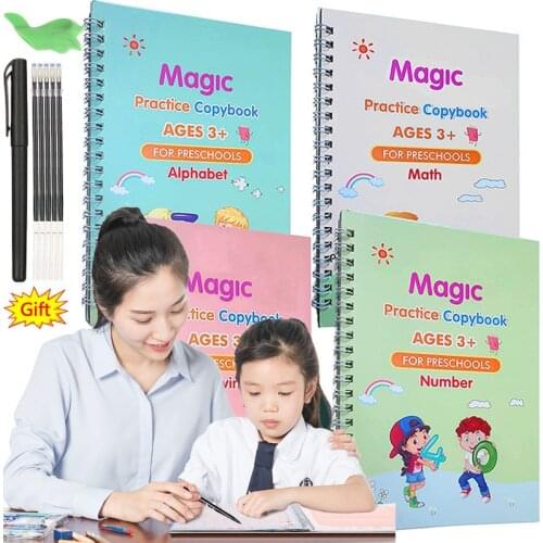 Sank Magic Book 4 Books/Sets of Magic Copybook Reusable Copybook Handwriting Books for Kids to Write English Numbers and Letters