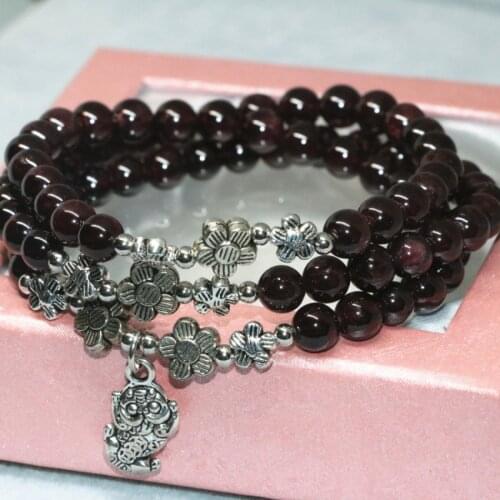 Silver-color pendant 6mm natural garnet stone round beads Western style 3 layer multilayer bracelet women elastic jewelry B2100