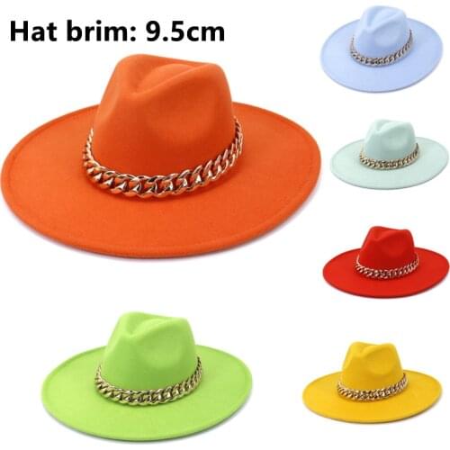 Orange fedora hat brim 9.5cm wholesale water drop top thick chain accessories stage performance jazz hat top hat кепка мужская