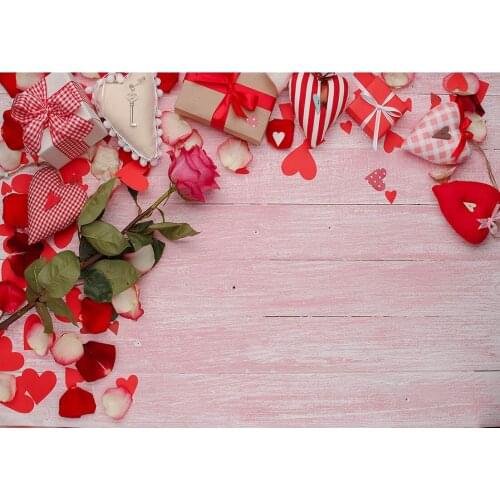 Flowers Gifts Hearts Wooden Board Photographic Background Vinyl Valentines Day Backdrop Fond Photo for Wedding Lovers Photocall