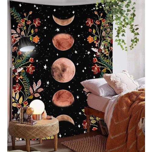 Vintage Bohemian Tapestry Moon Flowers Wall Hanging Boho Tapestry Blanket Home Decoration for Bedroom Mandala Wall Art Decor