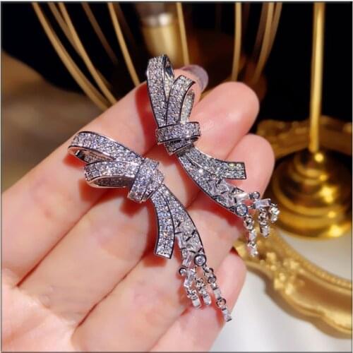High Quality 925 Sterling Silver Sparking AAA Zircon Earrings Bow Knot Tassel Pendant Long Earrings Female Temperament Earrings