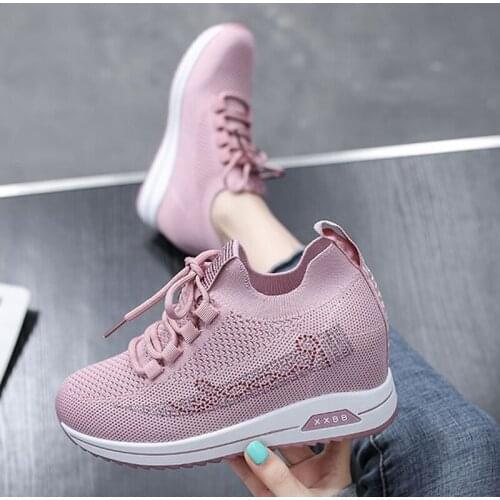 Womens Flat Shoes Height Increasing 2021 Thick Bottom Knitted Shoes Casual Ladies Sneakers Lace Up Female Footwear Summer Shoes