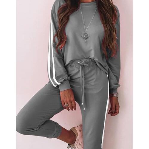 Womens Tracksuit Striped Drawstring 2 Piece Sets Sweatshirt Lace Up High Waist pants suit Female 2021 Autumn Casual Ladies Set
