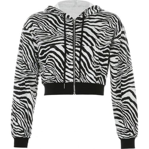 Chic Women Zebra Print Crop Top Hoodie Zip Up Long Sleeve Sweatshirt Hooded Coat