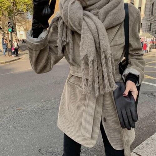 2020 New Women Winter Vintage Corduroy Blazer Coat Cotton Liner Slim Cut Sashes Button Up Jacket Cardigan Outerwear