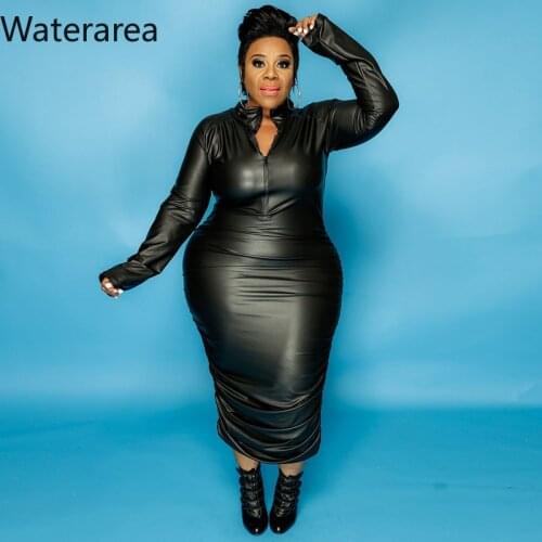 Waterarea Plus Size XL-5XL PU Party Maxi Dress for Women Long Sleeve Stacked Ruched Bodycon Bandage Pencil Faux Leather Outfits