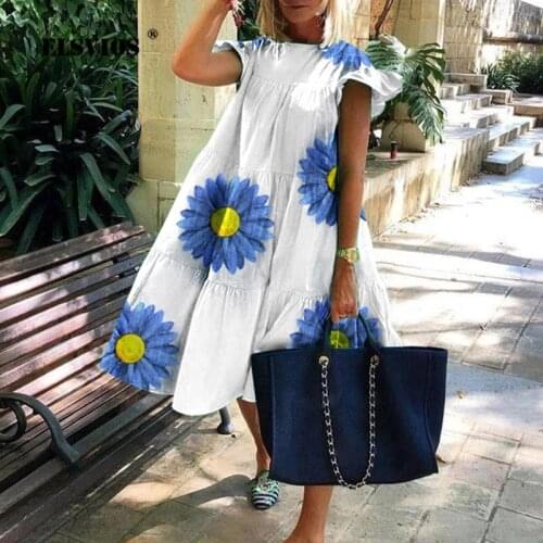 Summer Sweet Women O Neck Floral Printed Petal Short Sleeves Fashion A-line Dress Casual Loose Pullover Holiday Beach Lady Dress