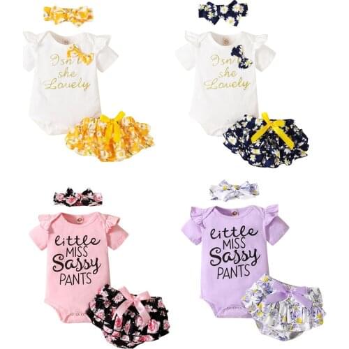 2021 0-18M Sweet Infant Baby Girl Clothes Letter Print Bow Short Sleeve Romper+Bow Floral Print Layered Shorts+Headband 3pcs