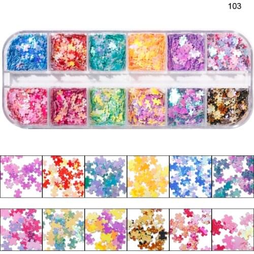 12grids/Box Starry Holographic+Symphony Glitter 3D Diamond,Mouse Head, Unicorn, Puzzle Rabbit Laser Nail Sequin Flashglitter 1BX