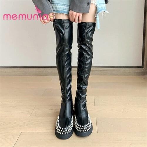 MEMUNIA 2021 Cow Leather Boots Platform Square Heels Ladies Boots Comfortable Spring Autumn Hand Made Leisure Fashion Boots