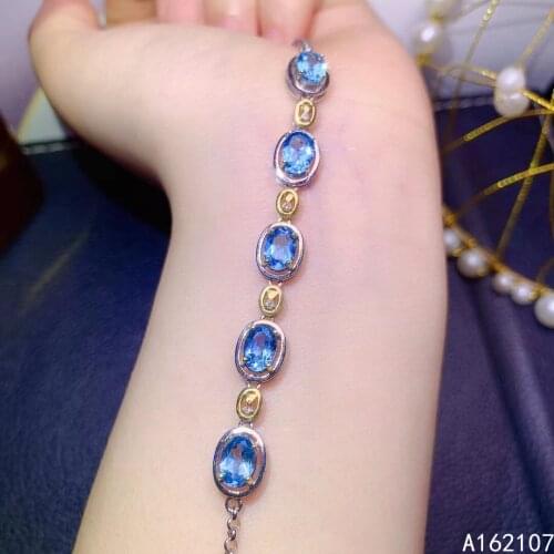 Exquisite Jewelry 925 Sterling Silver Natural Blue Topaz Girl Luxury Fashion Oval OL Style Gem Hand Bracelet Support Detection